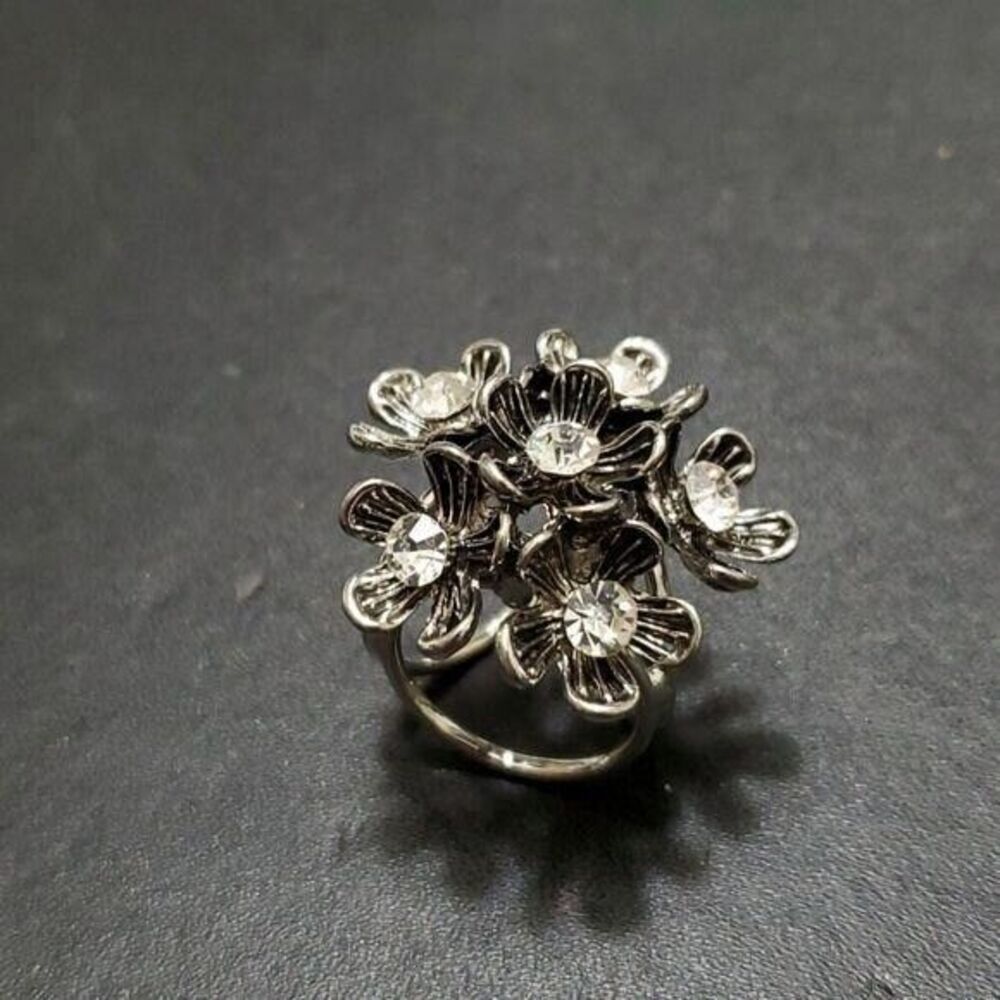 Silver tone scarf ring floral clear rhinestone bouquet